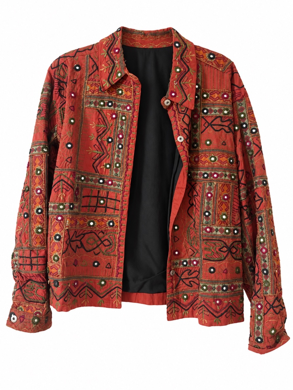Chico's Red Embroidered Mirror-Embellished Jean Jacket